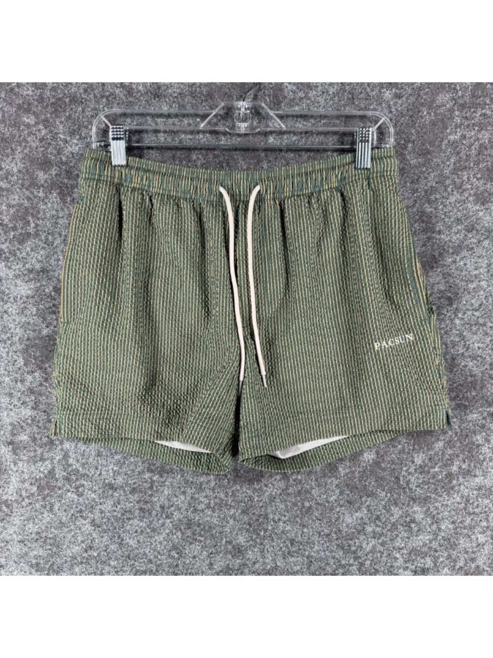 PacSun Seersucker Swim Trunks Mens S Green Striped Mesh Lined Elastic Waist